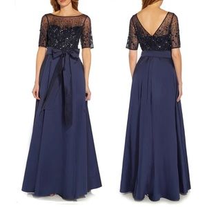 Navy Sequin Bodice Evening Gown with Bow Waist